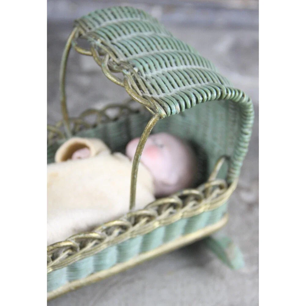 Antique One-Of-A-Kind Miniature China Doll in Wicker Cradle
